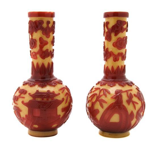 Appraisal: Pair of Chinese Peking Glass Vases with Red Overlay on