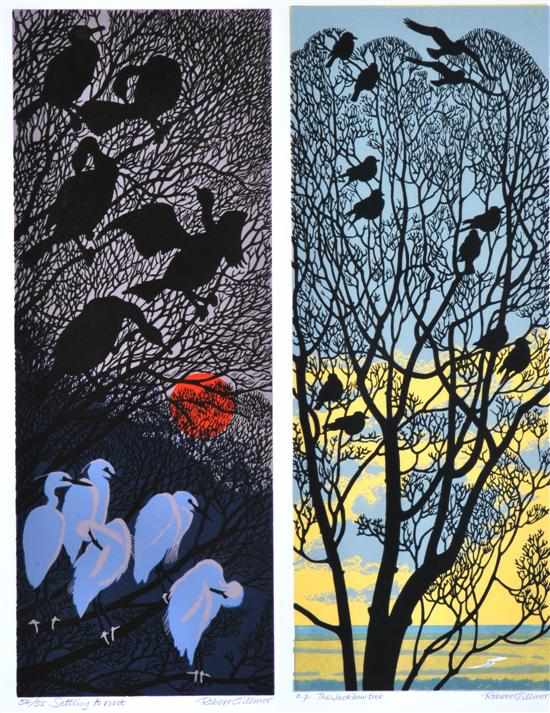 Appraisal: ROBERT GILMOR BRITISH BORN Pair of Linocuts i Settling to