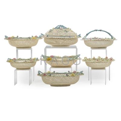 Appraisal: IRISH BELLEEK BASKETWEAVE PORCELAIN Seven bowls with floral borders th