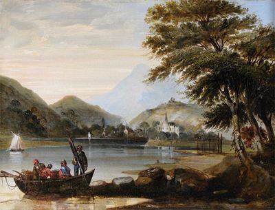 Appraisal: English School th Century Lake landscape with figures in a