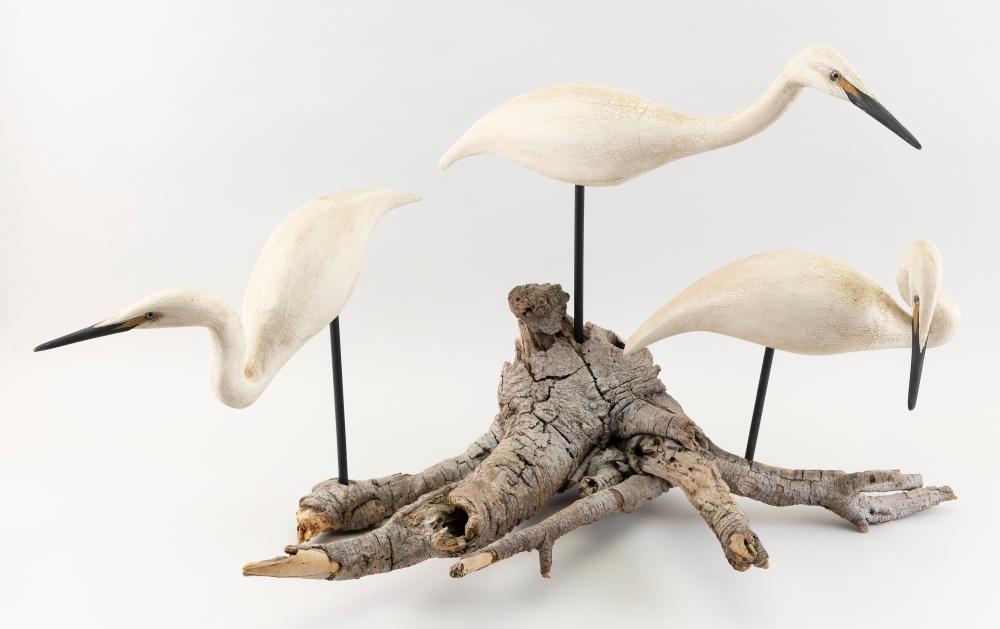 Appraisal: THREE C R DRESCHER CARVED SNOWY EGRETS TH CENTURY HEIGHT