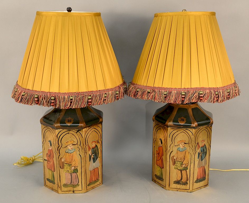 Appraisal: Pair of tole lamps with painted Oriental figures ht in