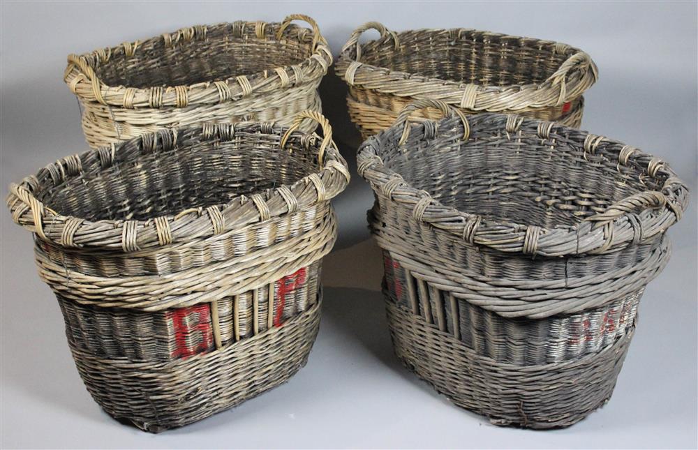 Appraisal: FOUR LARGE FRENCH WICKER CHAMPAGNE GRAPE HARVEST BASKETS WITH HANDLES