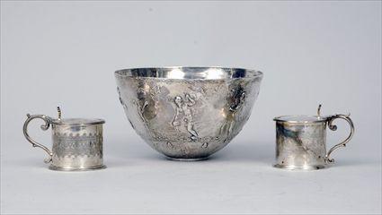 Appraisal: Continental Hellenistic-Style Silver Bowl Decorated with Bacchanalian Figures Together with