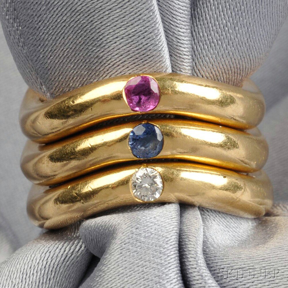 Appraisal: kt Gold Gem-set Stacking Rings Angela Cummings in ruby sapphire