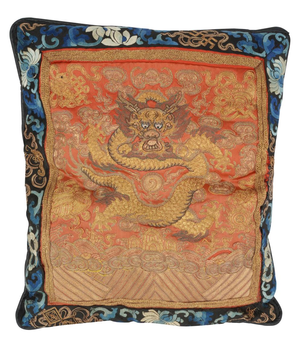 Appraisal: CHINESE EMBROIDERED PILLOWdepicting a dragon worked in gold thread on