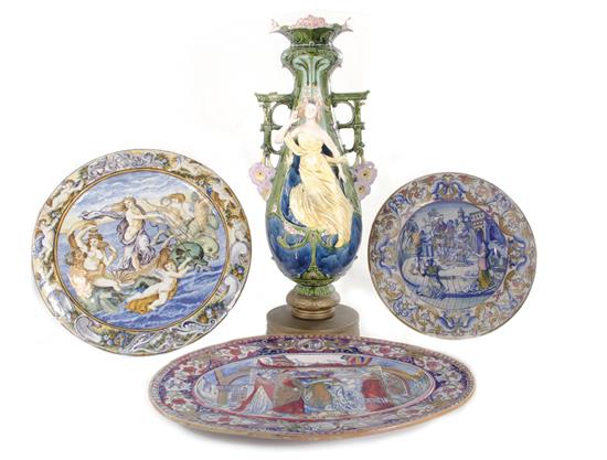 Appraisal: Italian faience urn charger and platters vase H charger Dia