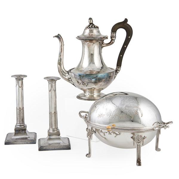 Appraisal: ENGLISH SILVER PLATE Four pieces Coffee pot x x Pair