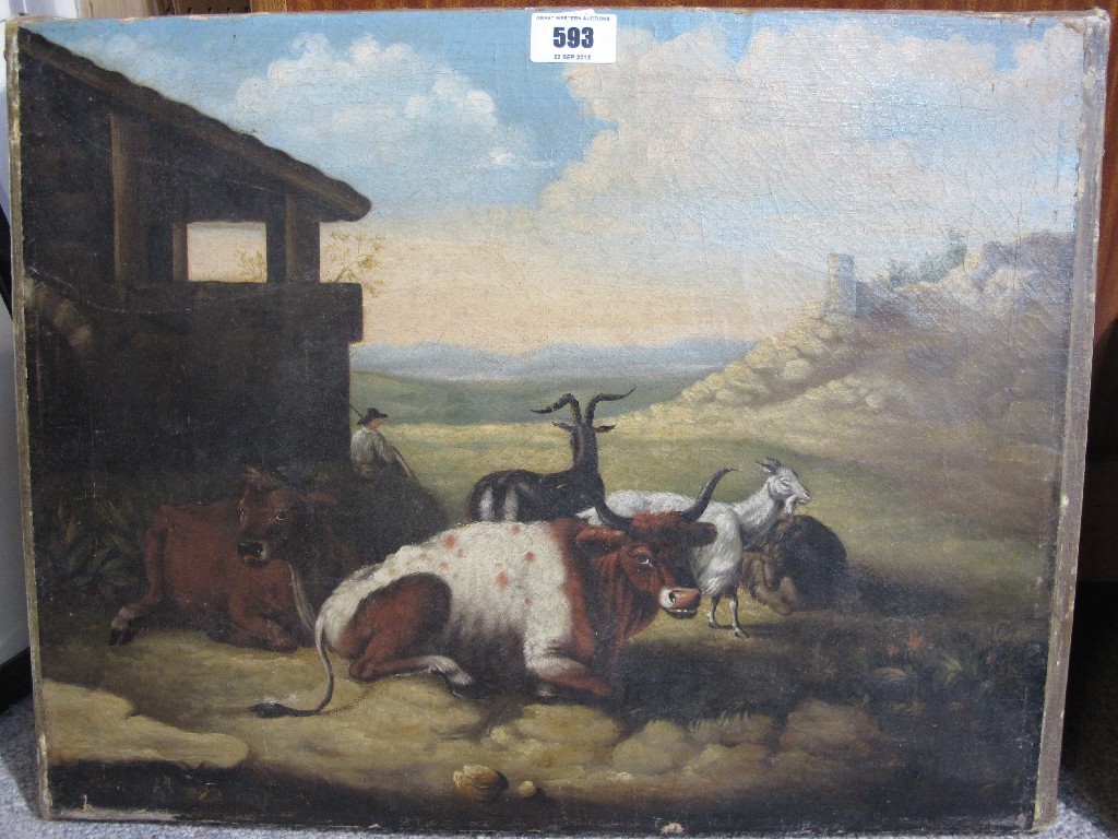 Appraisal: CONTINENTAL SCHOOL Oil on relined canvas 'Herd with a cow