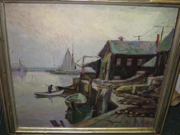 Appraisal: CAROLINE M BOLL AMERICAN TH CENTURY Boat dock oil on