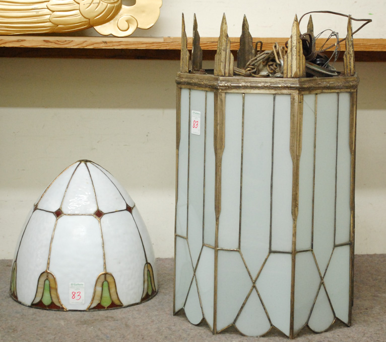 Appraisal: TWO LEADED GLASS LIGHT FIXTURE SHADES Art Deco octagonal light