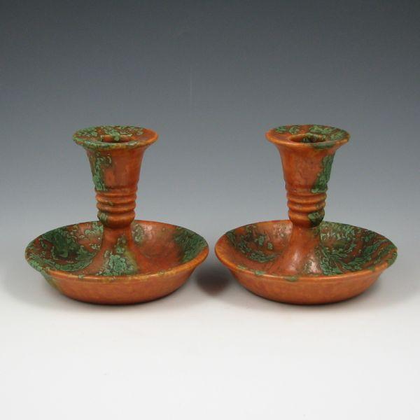 Appraisal: Roseville Imperial II - candleholders in green over burnt orange