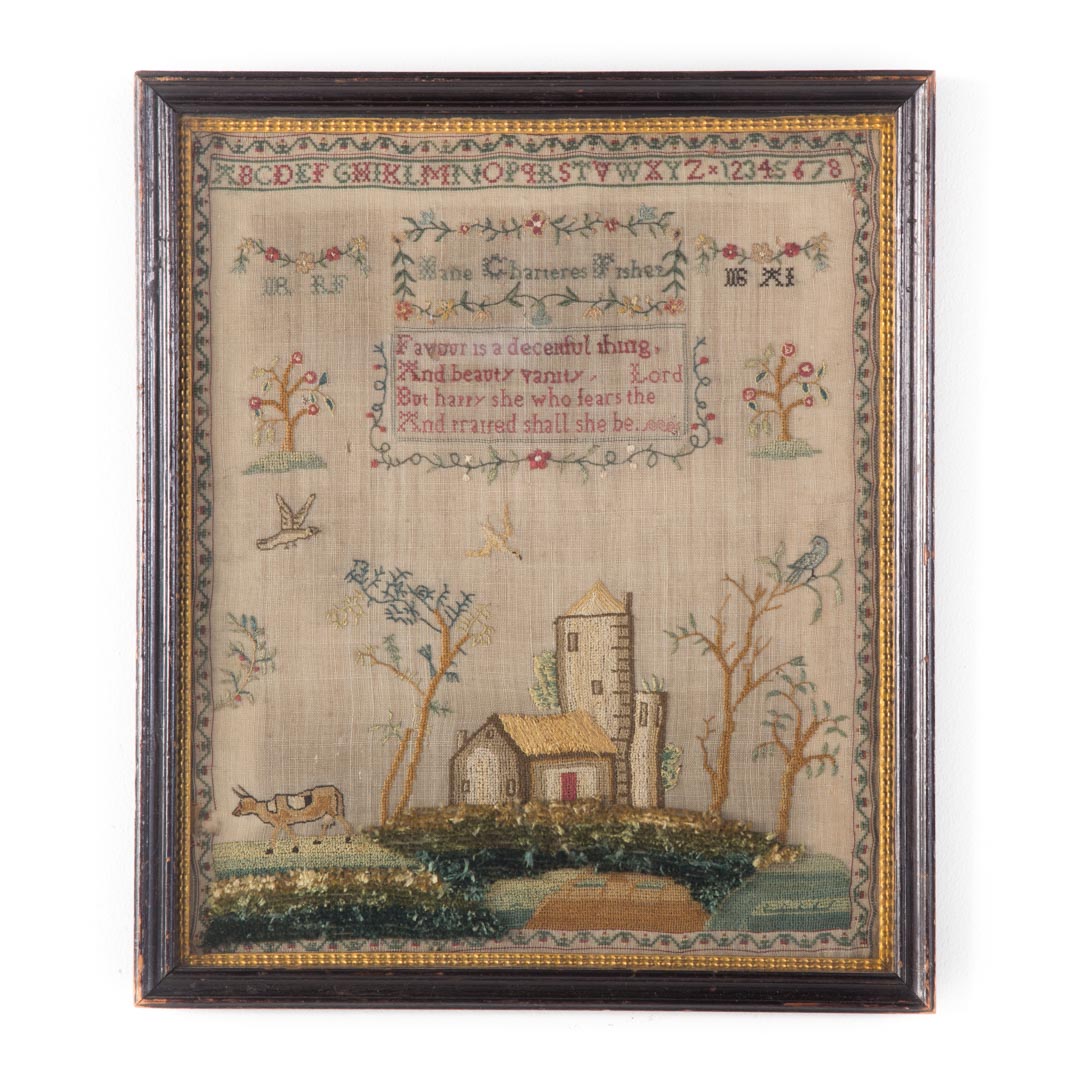 Appraisal: th c English needlework and stumpwork sampler Worked by Jane