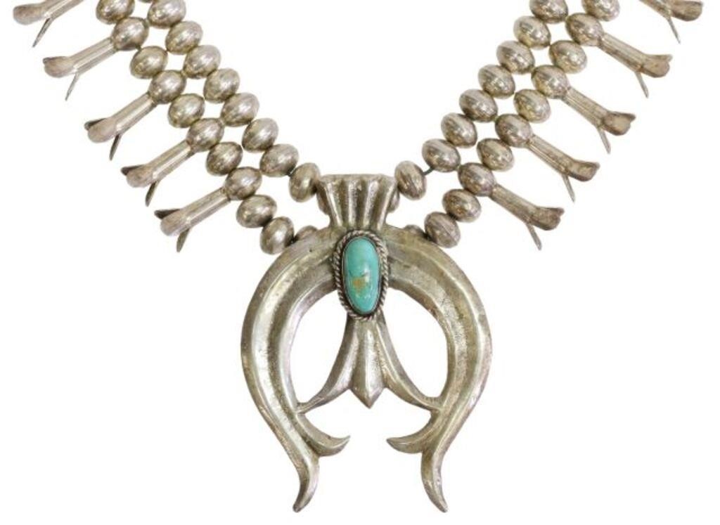 Appraisal: Native American silver content unknown squash blossom necklace likely Navajo