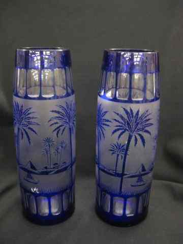 Appraisal: Pair of Cobalt Cut-to-Clear Vases oasis decor '' excellent