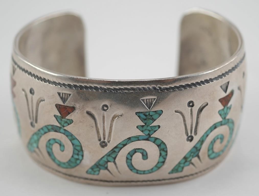 Appraisal: Sterling silver turquoise and coral inlay cuff bracelet Bracelet height