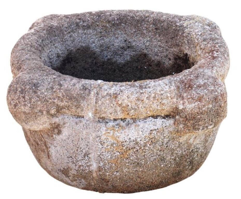 Appraisal: Carved stone mortar shaped stone hollow basin with central hole