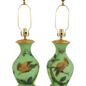 Appraisal: A Pair of French Green Opaline Glass Vases Now Mounted