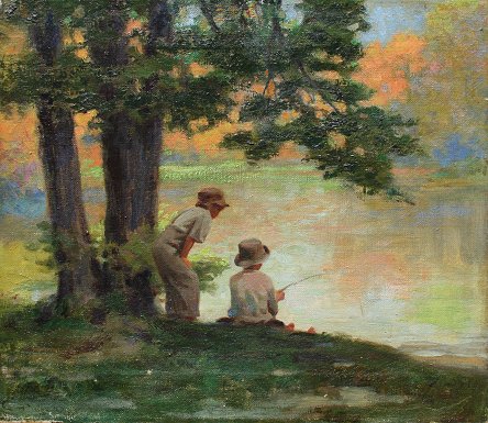 Appraisal: AMERICAN IMPRESSIONIST PAINTING OF BOYS FISHING New Hope Oil Canvas