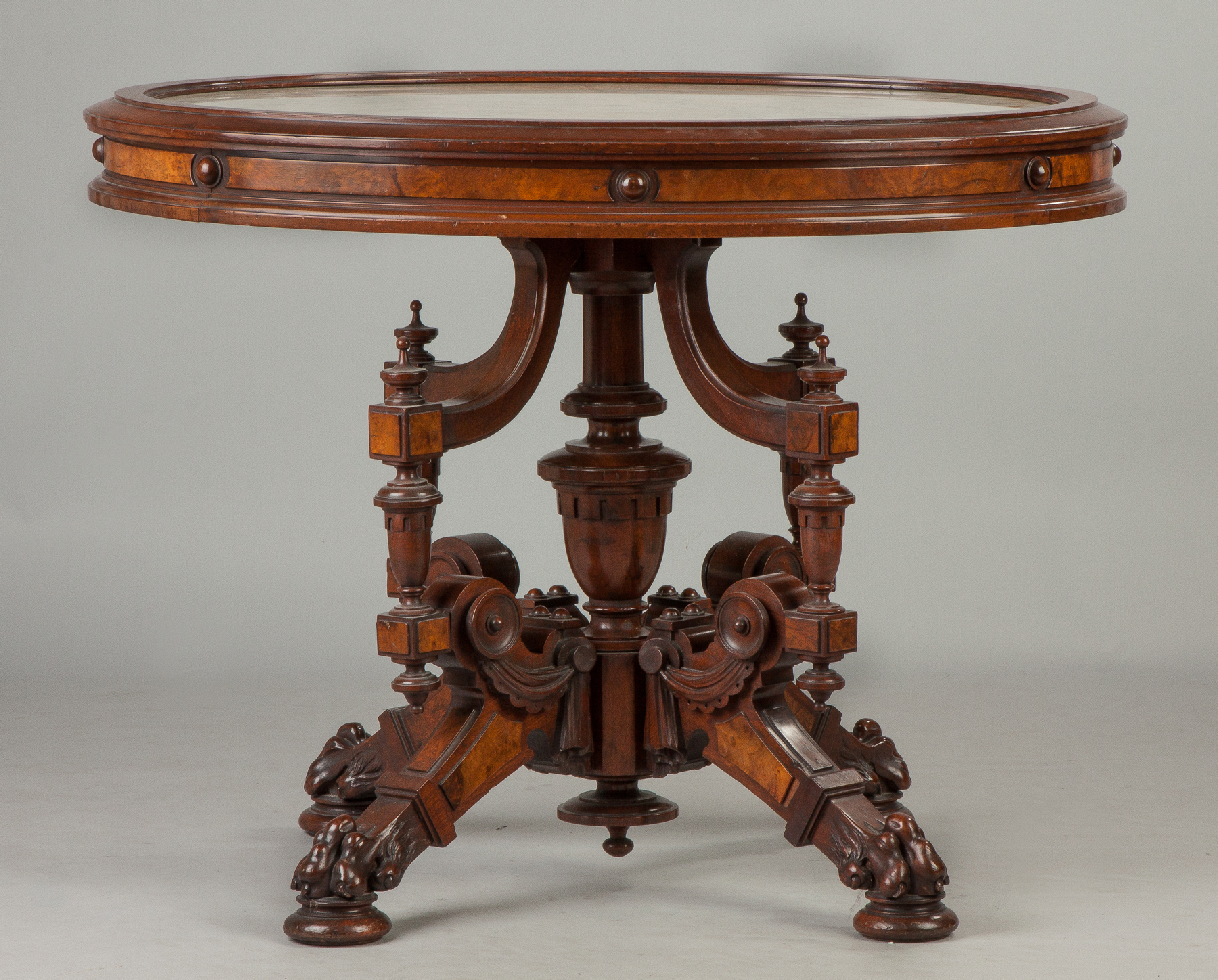 Appraisal: Renaissance Walnut and Burl Marble Top Center Table th century