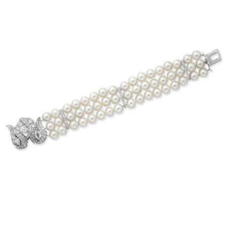 Appraisal: Triple Strand Cultured Pearl and Diamond Bracelet with Diamond Clasp