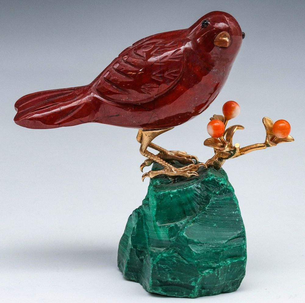 Appraisal: A CARVED JASPER BIRD FIGURE WITH MALACHITE K GOLD The