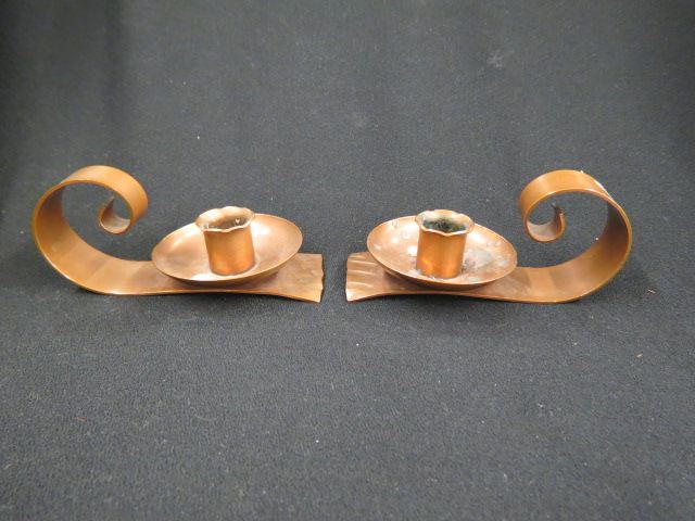 Appraisal: Handwrought Arts Crafts Copper Candleholders chamberstick style long signed