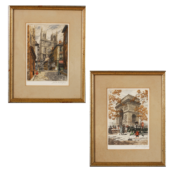 Appraisal: Two Paris street scene color etchings by De La Broye