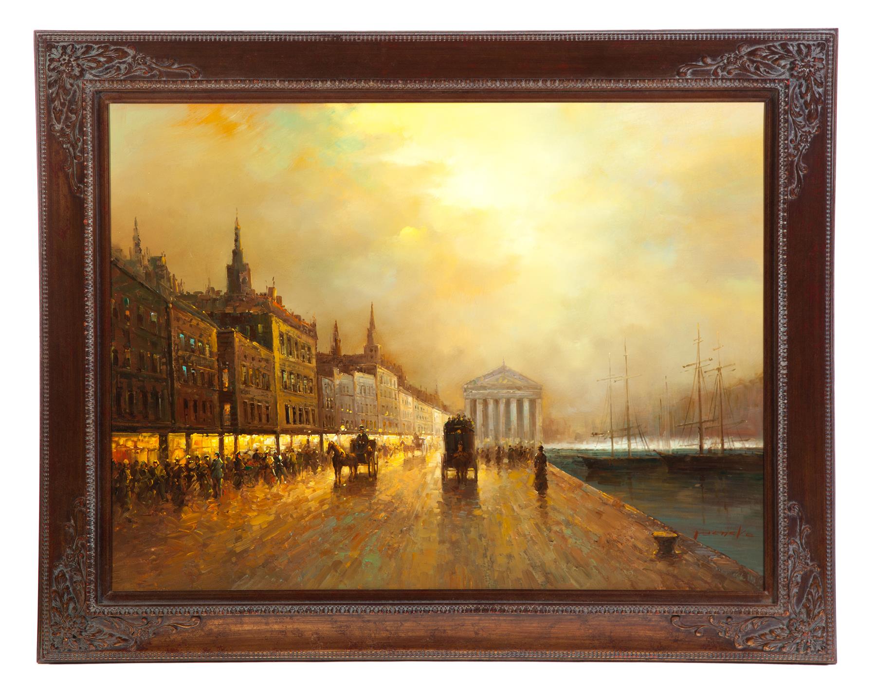 Appraisal: FRAMED OIL ON CANVAS CITY-HARBOR SCAPE TITLED EVENING TIDE AND