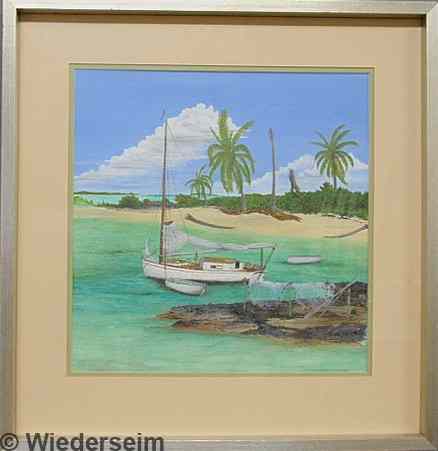 Appraisal: Gouache painting of a tropical cove with a small fishing