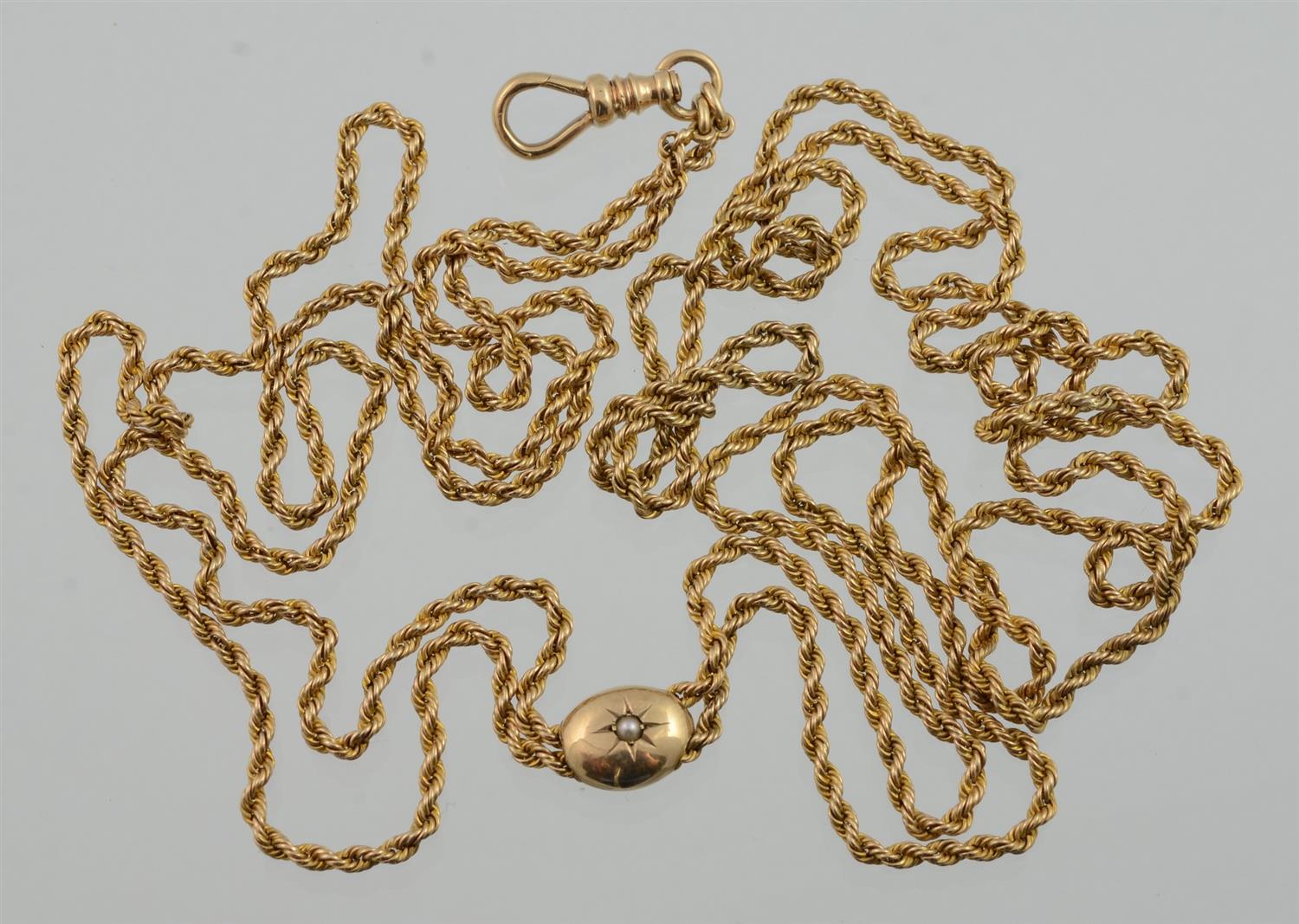 Appraisal: Antique K th C Long Chain with Pearl-Centered Slide long