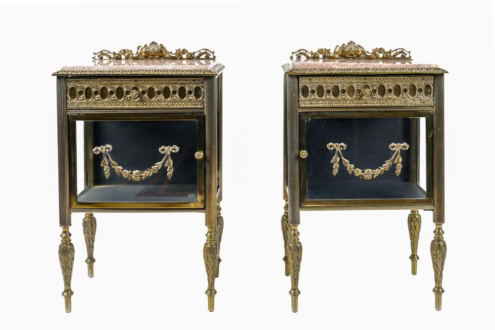 Appraisal: PAIR NEOCLASSIC BRASS MARBLE VITRINE END TABLESeach with a drawer