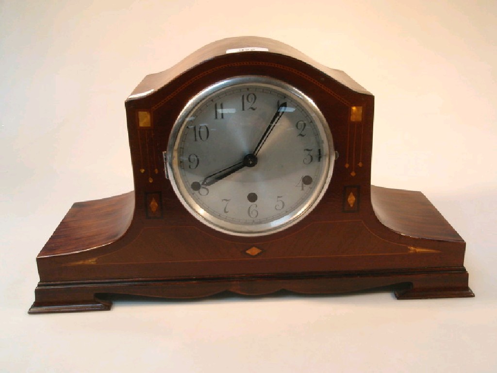 Appraisal: A 's eight-day mantel clock in inlaid mahogany case with