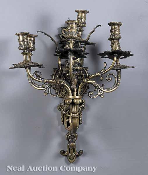 Appraisal: A Gilt Brass Figural Six-Light Sconce mid- th c pierced