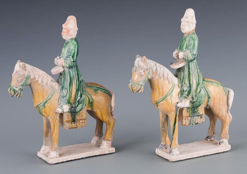 Appraisal: Pr Chinese Ceramic Horse w Riders Figurines Pair of Chinese