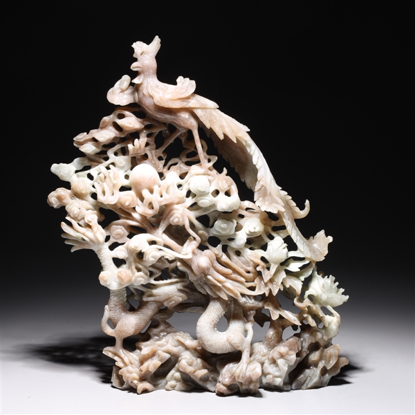 Appraisal: Elaborate Chinese hardstone sculpture of dragon flaming pearls and phoenix