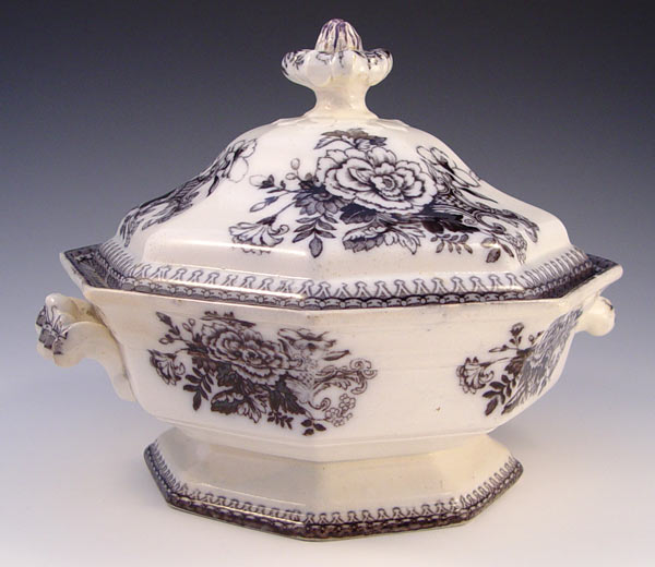 Appraisal: STAFFORDSHIRE BLACK TRANSFERWARE COVERED VEGETABLE DISH Dresden by E Challinor