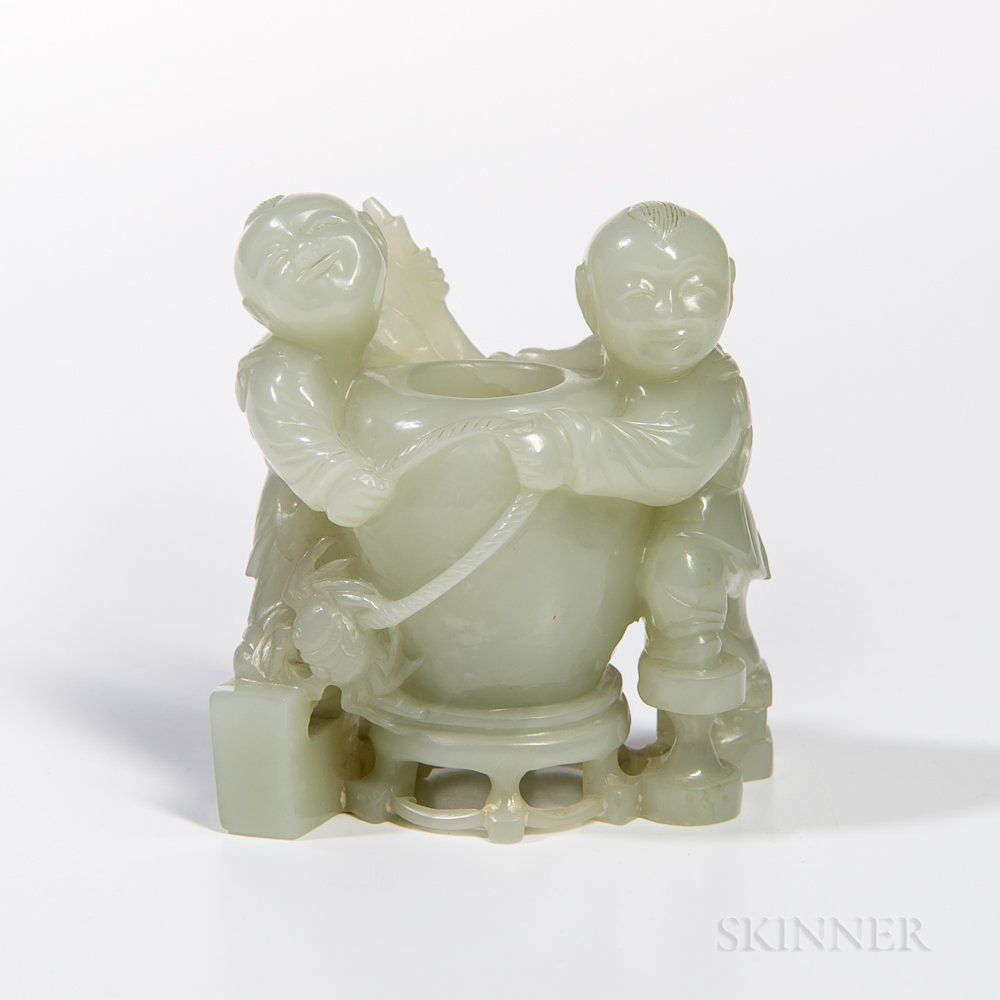 Appraisal: Nephrite Jade Carving of Two Boys Nephrite Jade Carving of