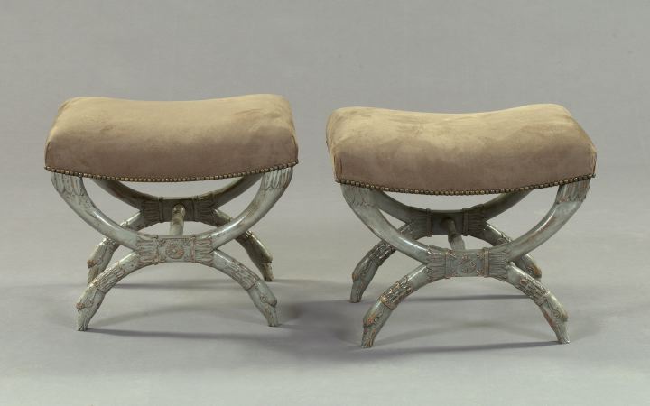 Appraisal: Attractive Pair of French Carved and Gray-Painted Beechwood Saddle-Seated Curule