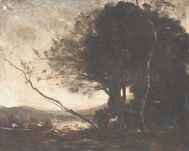 Appraisal: CIRCLE OF JEAN-BAPTISTE COROT - Figures in wooded landscape oils