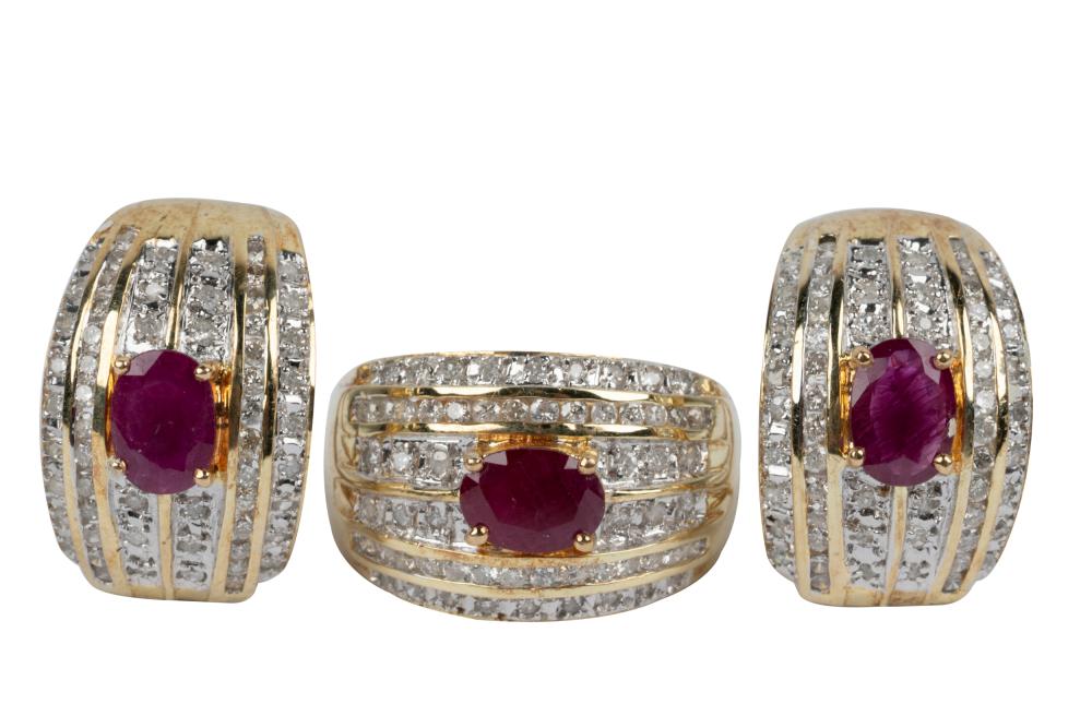 Appraisal: SUITE OF KARAT YELLOW GOLD RUBY DIAMOND JEWELRYcomprising a ring