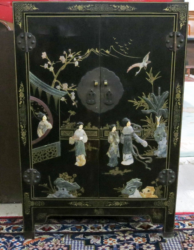 Appraisal: CHINESE SIDE CABINET a -door cabinet with carved soapstone figures