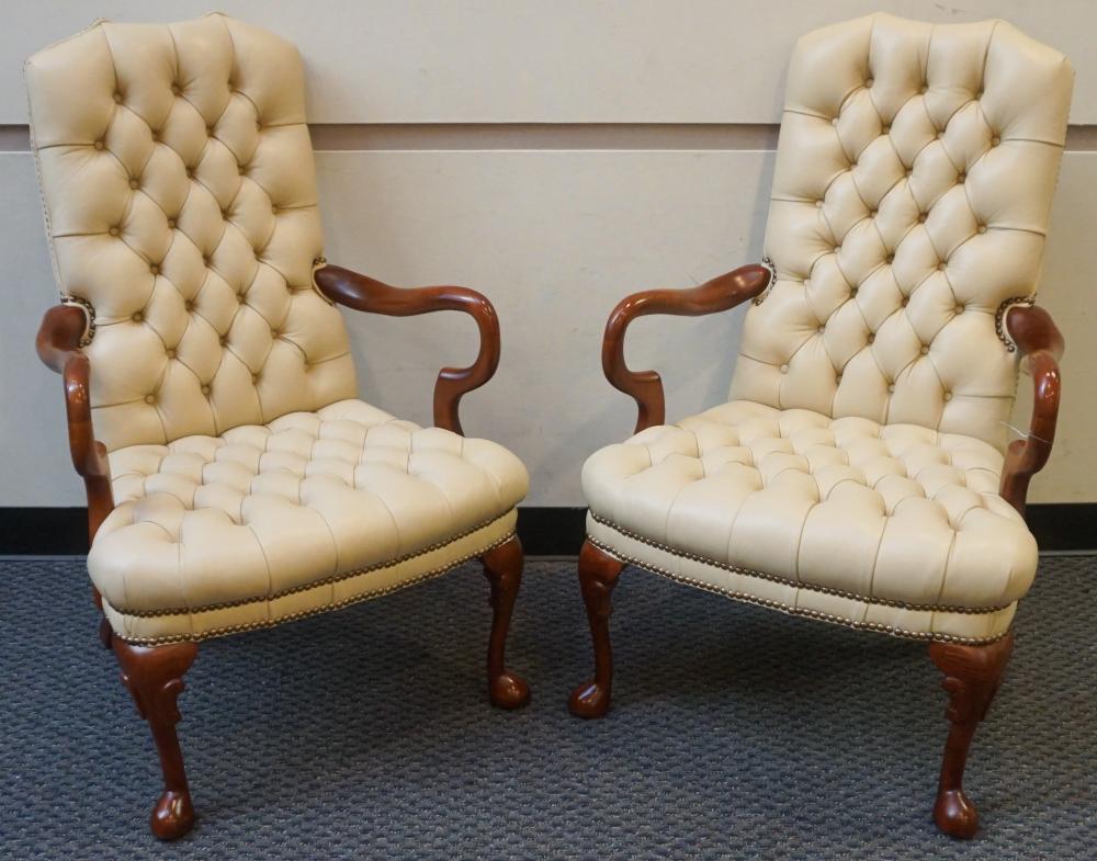 Appraisal: Pair Queen Anne Style Beige Leather Upholstered 'Chesterfield' Armchairs H