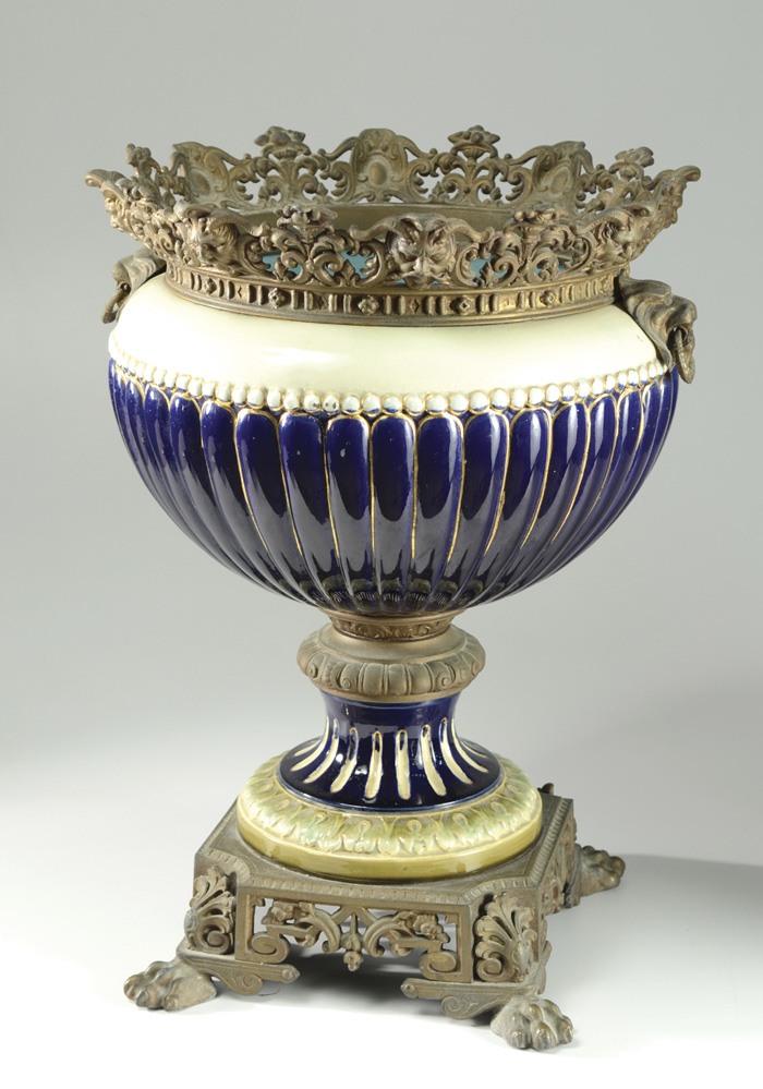 Appraisal: VIENNA STYLE PORCELAIN BRONZE URN cobalt blue with ivory band