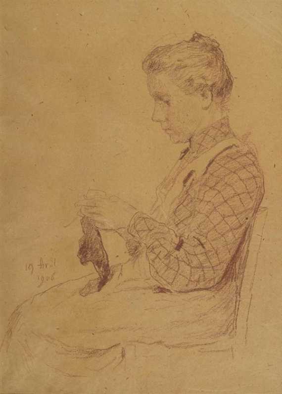 Appraisal: ANKER ALBERT Ins Girl knitting Red chalk on paper Dated