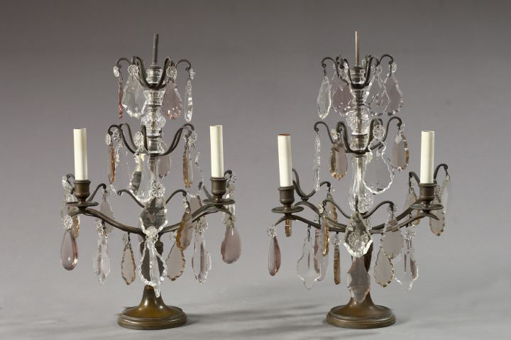 Appraisal: Pair of Patinated Brass Crystal and Prism-Hung Three-Light Candelabra mid-