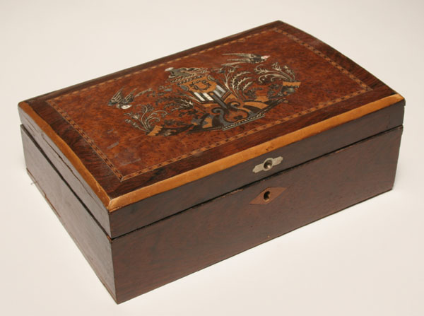 Appraisal: Inlaid wooden lap desk arched top with figured maple inlay