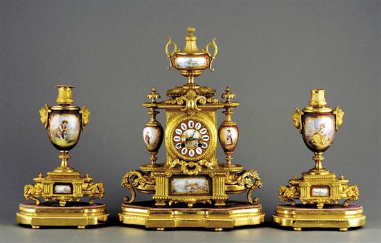 Appraisal: Japy Freres gilt-metal and porcelain clock garniture late th centuryurn