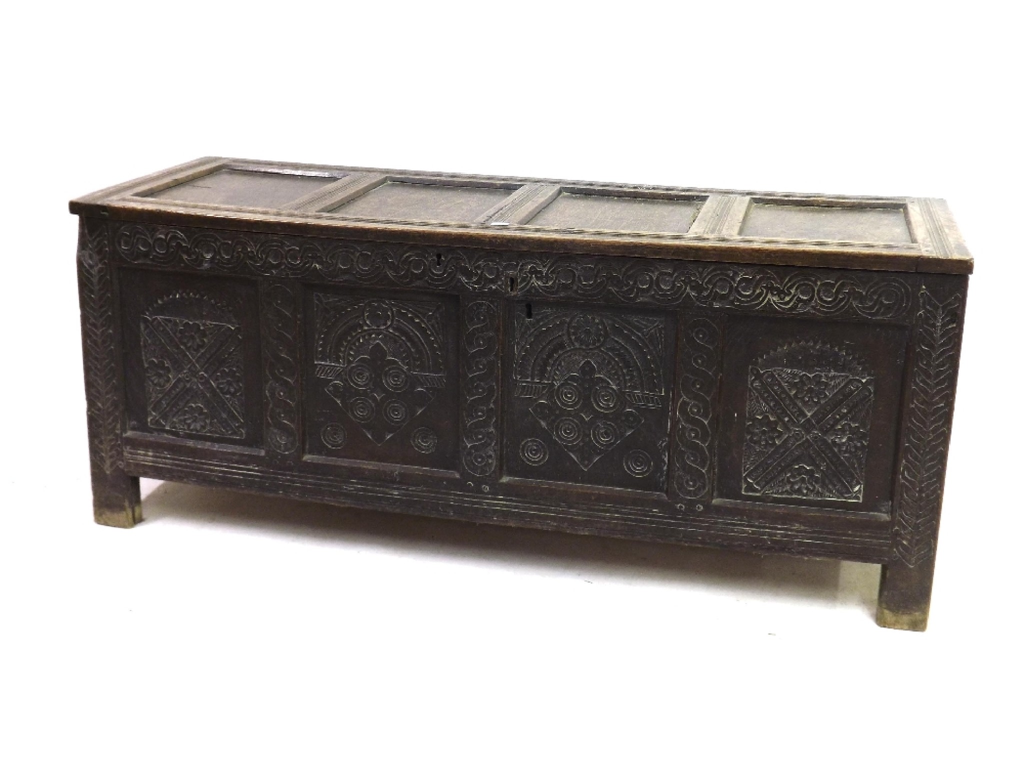 Appraisal: Early th century oak quadruple panel fronted coffer from the