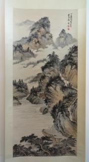 Appraisal: Chinese Scroll Art A dramatic scene with mountains topping the